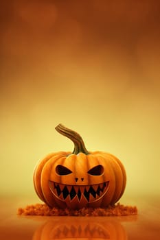 An Halloween background with scary and creepy carved pumpkin, orange background, scary wallpaper