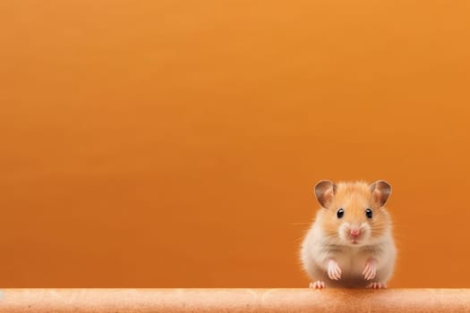 Portrait of a little cute adorable hamster sitting with an orange background