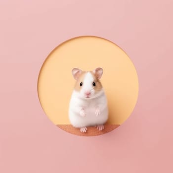 Portrait of a little cute adorable hamster sitting in a circle pink and yellow background