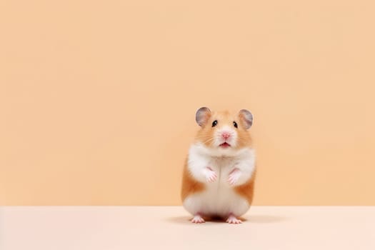 Portrait of a little cute adorable hamster sitting with an light orange background