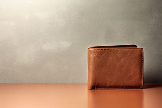 A close brown leather wallet on background with copy space, neutral background,