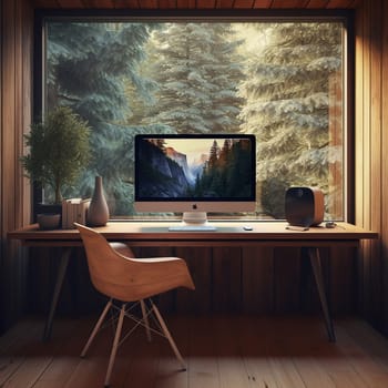 Cozy home office with computer on desk, smart working concept, chair, and large window overlooking a forest.