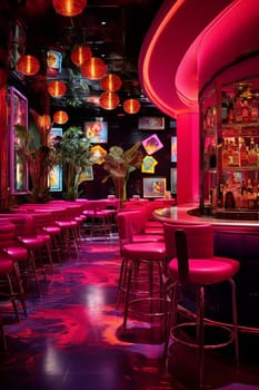 Modern lounge bar interior with vibrant pink and blue neon lighting, bar stools, and shelves with bottles.