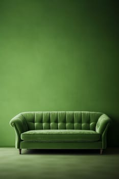 Elegant green sofa against a textured green wall, with minimalist and luxury interior design concept.