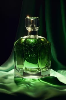 A photo of a emerald green perfume with soft aroma and fragrance, fashion beauty product, realistic enviroment, elegant setting