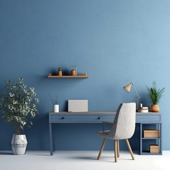 A smart working station with a desk and some potted plant in a blue room