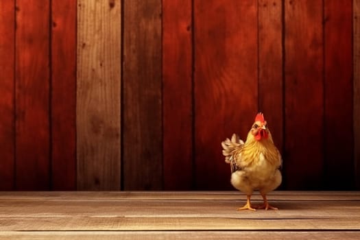 A chicken standing in front of a rustic red wooden barn wall, with ample copy space on the left.