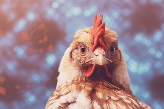 Close-up of a brown chicken with a red comb against a blurred blue background.