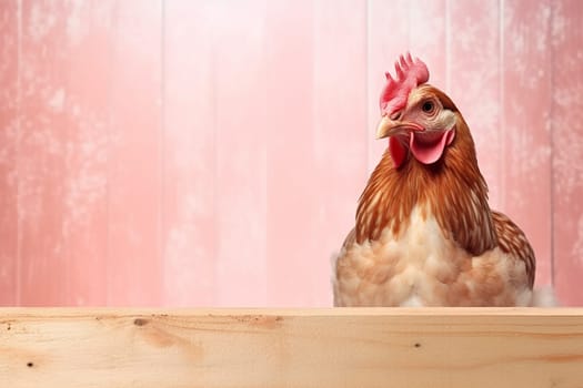A hen on a wooden surface against a soft pink background, suitable for farm-related themes or creative concepts.