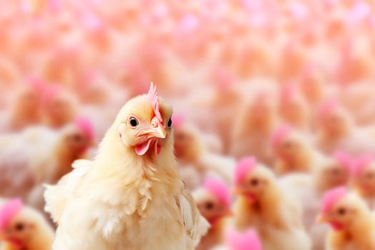 A single chick in focus against a blurred background of many chicks. aviculture photo