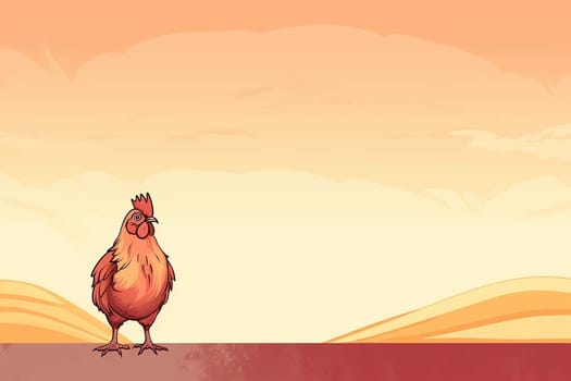 Cartoon chicken standing confidently against a soft orange sky background with space for text.