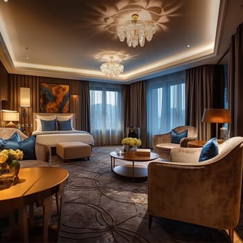 A luxury hotel room, elegant and modern lounge bar, blue and brown tone