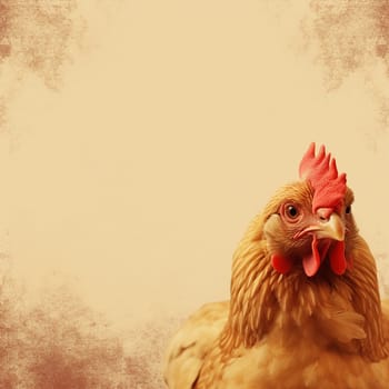 A portrait of a brown hen against a textured beige background with ample copy space.