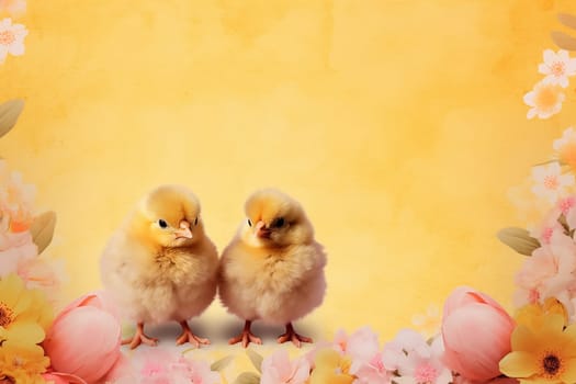 Two cute chicks surrounded by pink flowers and Easter eggs on a warm yellow background.
