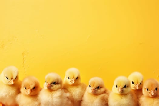 Row of cute fluffy chicks against a bright yellow background with copy space.