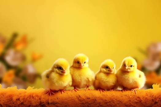 Row of cute fluffy chicks against a bright yellow background with copy space.