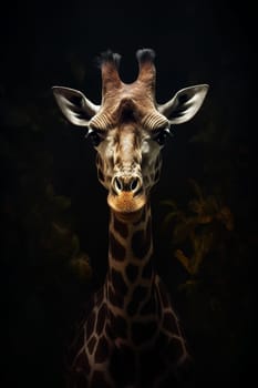 A photo of an african wild giraffe, nature on background, leafs, tree, dramatic light