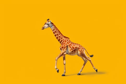 A photo of an african giraffe running on a neutral yellow vivid background