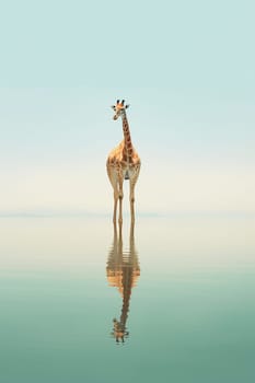 A photo of an african giraffe stay in water, lake with its reflection, on a neutral azure,blue background, sky on background