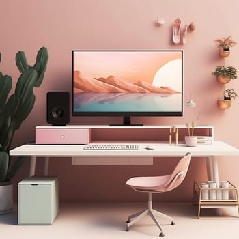 A mock up desk with a computer laptop on a pink wall and chair, minimalistic style