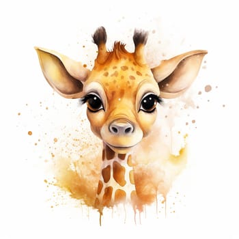 A watercolor drawing of an african cute and adorable giraffe, white background