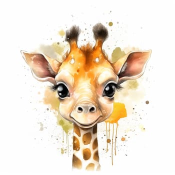 A watercolor drawing of an african cute and adorable giraffe, white background