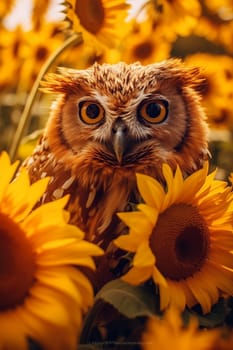 A cute and adorable owl surround by sunflowers, yellow tone