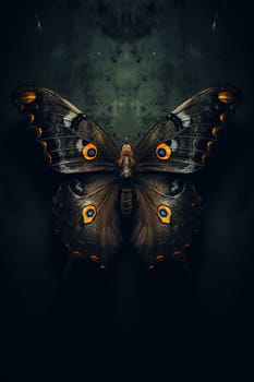 A butterfly or moth’s wings on a neutral dark green background, detailed photo