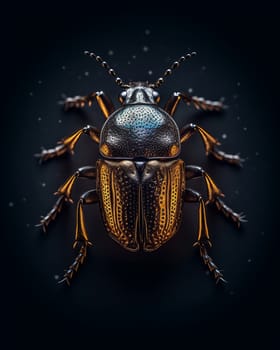 A detailed macro shot of a beetle with a black background.