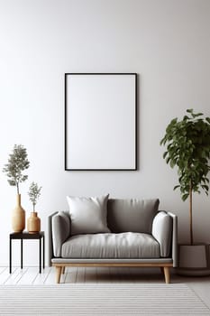 Mock up for a vertical frame, minimalist living room interior with a blank frame, gray sofa, indoor plant, and decorative vase on a side table.