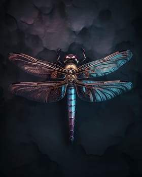 A close-up of a dragonfly with iridescent wings against a dark background