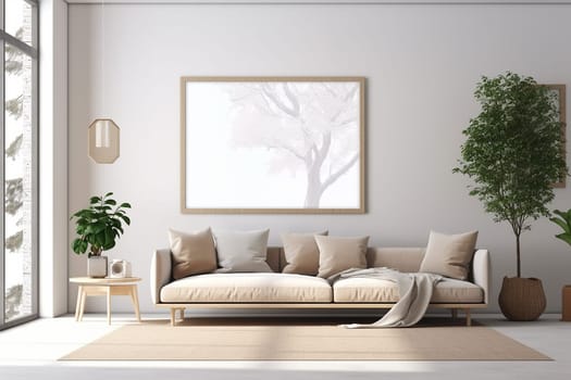 Mock up for a vertical frame, minimalist living room interior with a blank frame, gray sofa, indoor plant, and decorative vase on a side table.