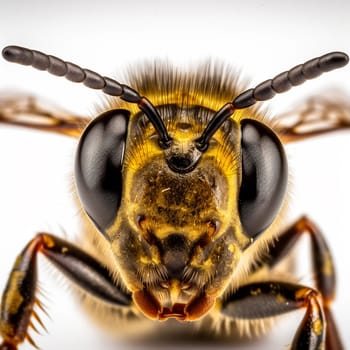 A close-up photo of a bee’s head, showing its eyes, antennae, and mouthparts on a neutral white background