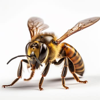 A close-up photo of a bee’s head, showing its eyes, antennae, and mouthparts on a neutral white background