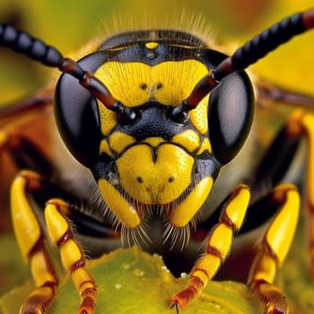 A macro close-up of a wasp, full of details yellow and black on a leaf