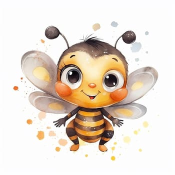 An artistic illustration of a bee with watercolor style on white background, chibi and sweet bee