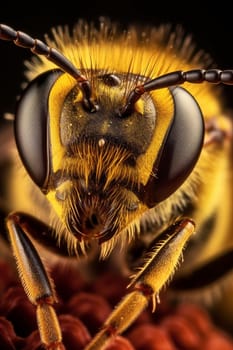 A close-up photo of a bee’s head, showing its eyes, antennae, and mouthparts on a neutral background