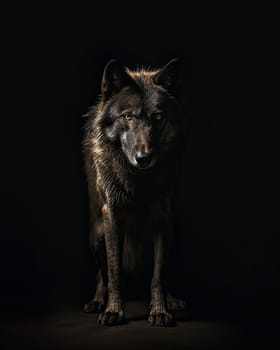 A wild adult wolf on a black background