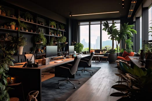 modern office space with plants and a view of the city through large windows. The office has a desk with a computer, monitor, keyboard, mouse, lamp, and pen holder.