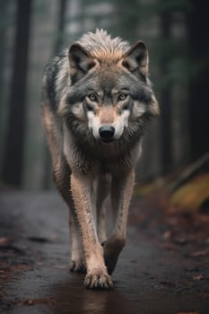 A wild wolf walking on a forest