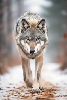A wild wolf walking a snow street