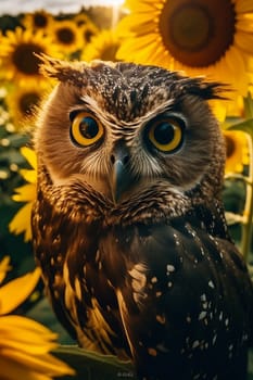 A cute and adorable owl surround by sunflowers, yellow tone