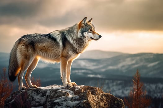 A wild wolf on a clif, sunrise