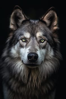 A wild adult wolf on a black background