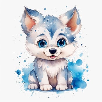 A watercolor illustration of a small and adorable wild wolf, cartoon style