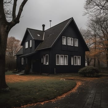 A black wooden house with a shingled roof and chimney sits in a gloomy autumn setting with trees and fallen leaves