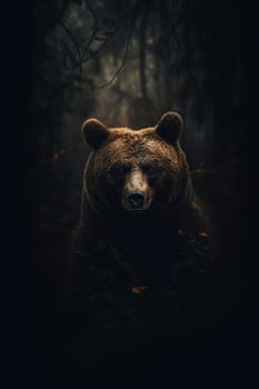 A photo of a brown bear looking at the camera with forest tree on background, bear in nature, wild animal