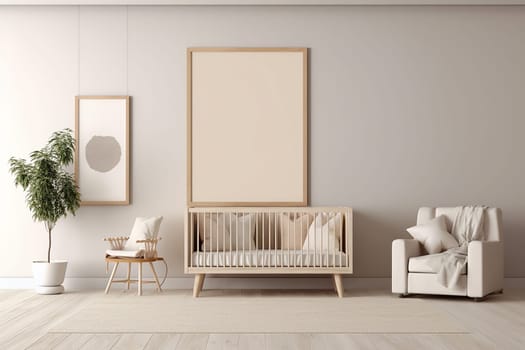 Mock up of a vertical frame in a nursery features a modern and minimalist design with neutral colors and wooden accents, creating a peaceful and inviting space for a baby.