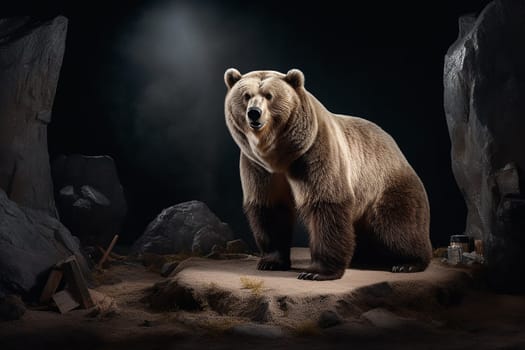 A photo of a brown bear on a filming stage with fake rocks, black background