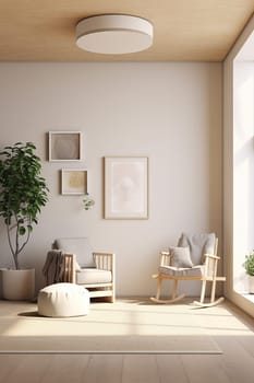 A mock up of three frames in a minimalist living room features wooden furniture, potted plants, and neutral colors, creating a cozy and comfortable space